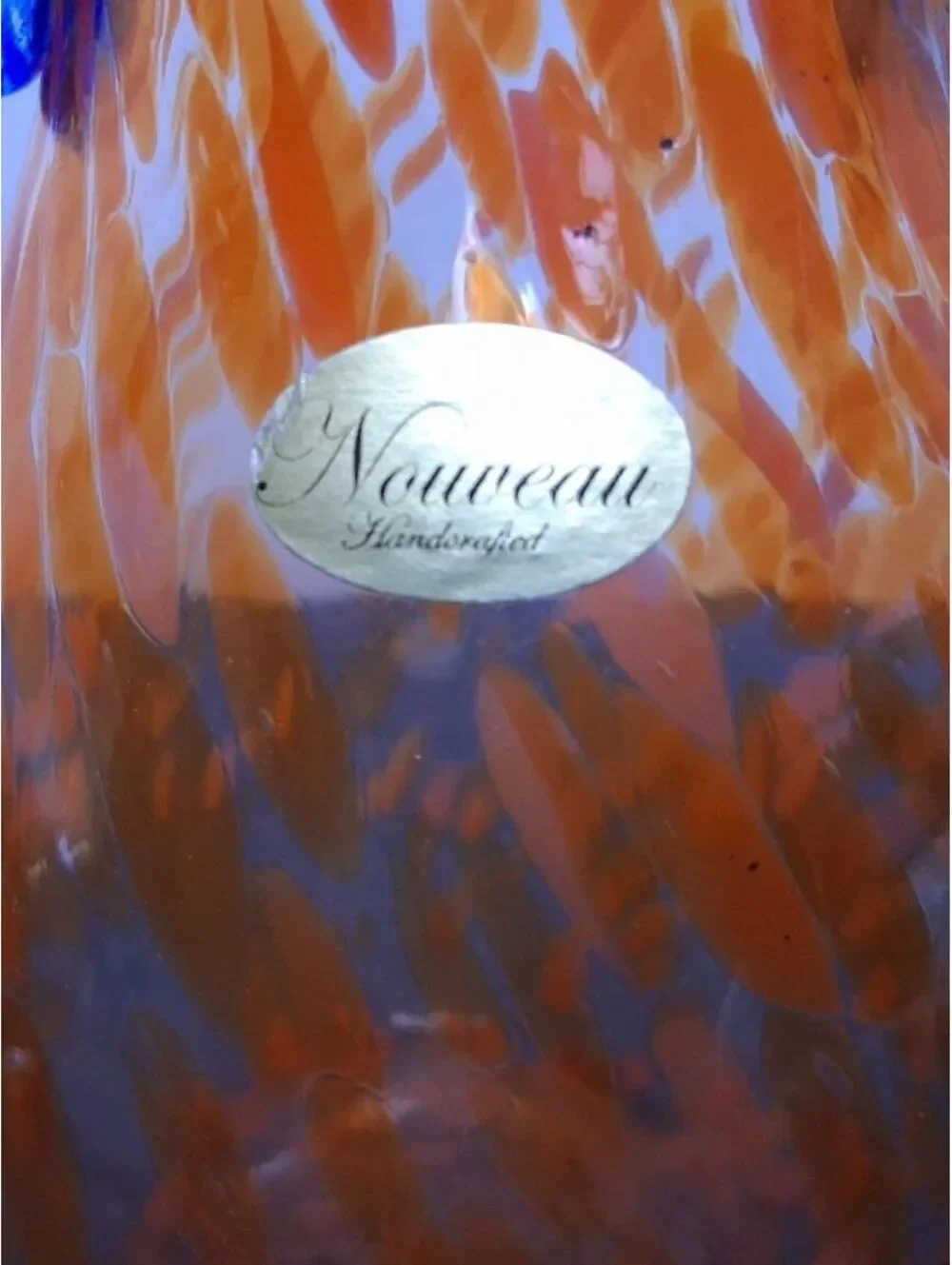 Vintage Nouveau Orange Spatter Art Glass Vase with Applied Cobalt Blue Handles